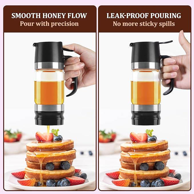 Premium No-Drip Glass Honey Dispenser & Syrup Pot (9oz) - Mess-Free Pouring