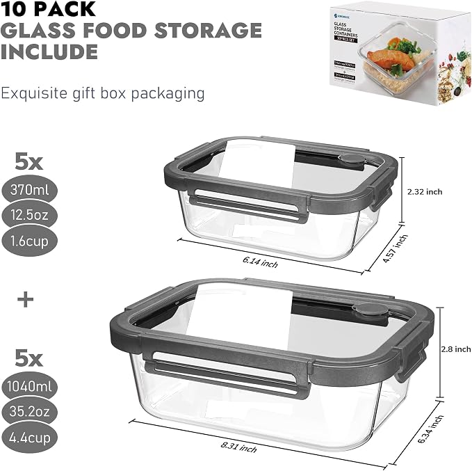 Premium 10-Piece Tempered Glass Food Storage Container Set with Airtight Lids