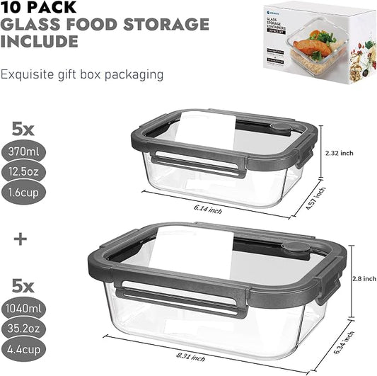 Premium 10-Piece Tempered Glass Food Storage Container Set with Airtight Lids